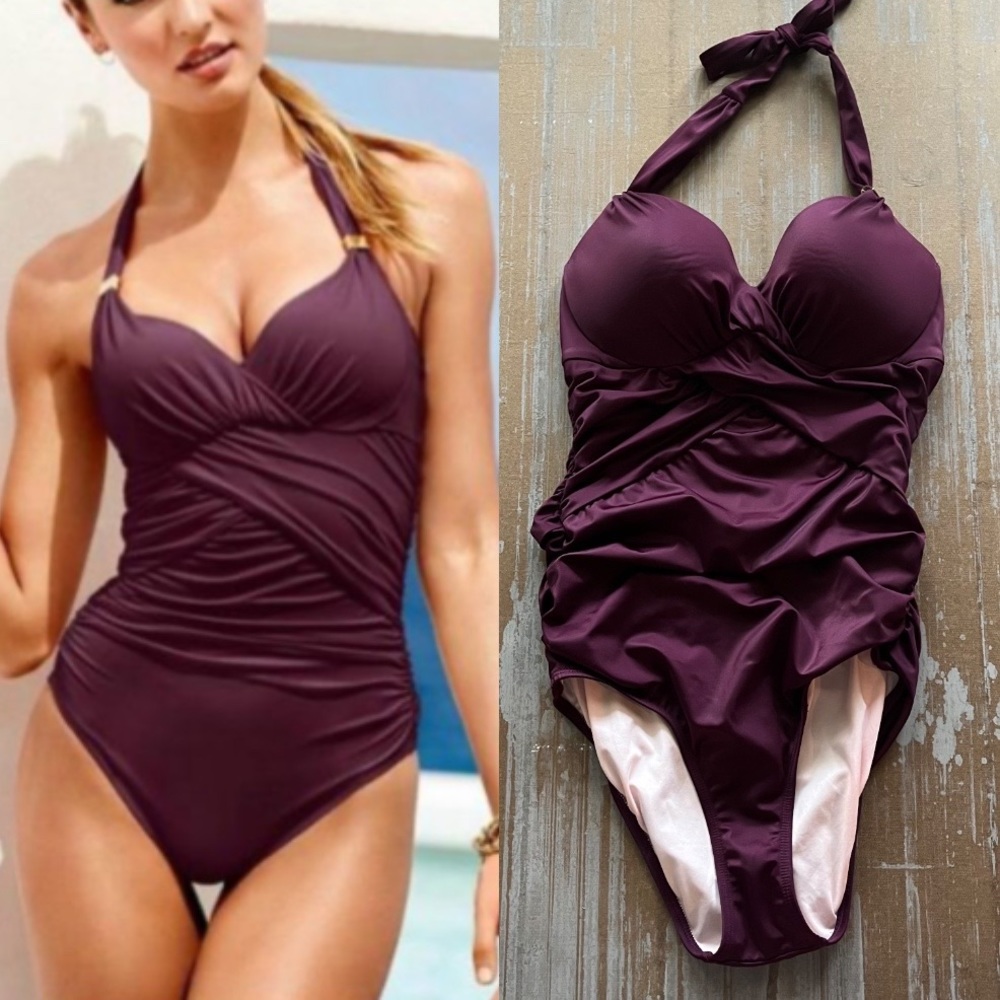 Victoria’s Secret Unforgettable Ruched One Piece Halter Swimsuit Womens 34B
